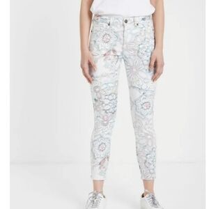Desigual Floral Print Skinny Jeans White Multicolor Stretch Mid Rise Size 38